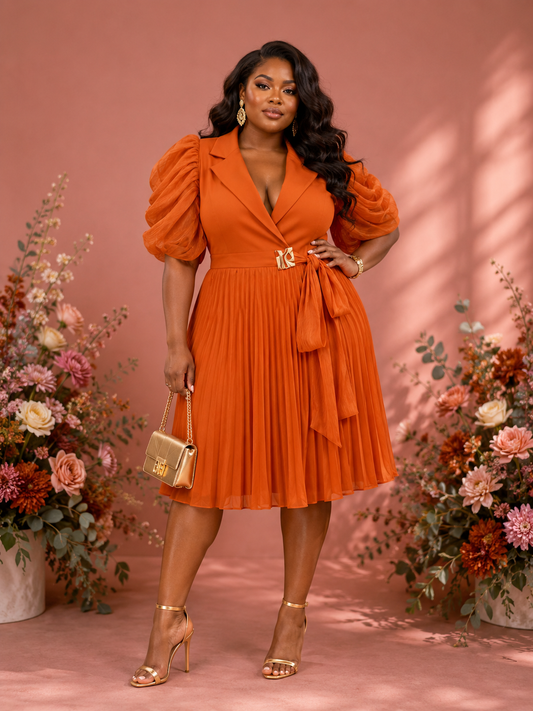 Burnt Sienna Elegance Pleated Dress