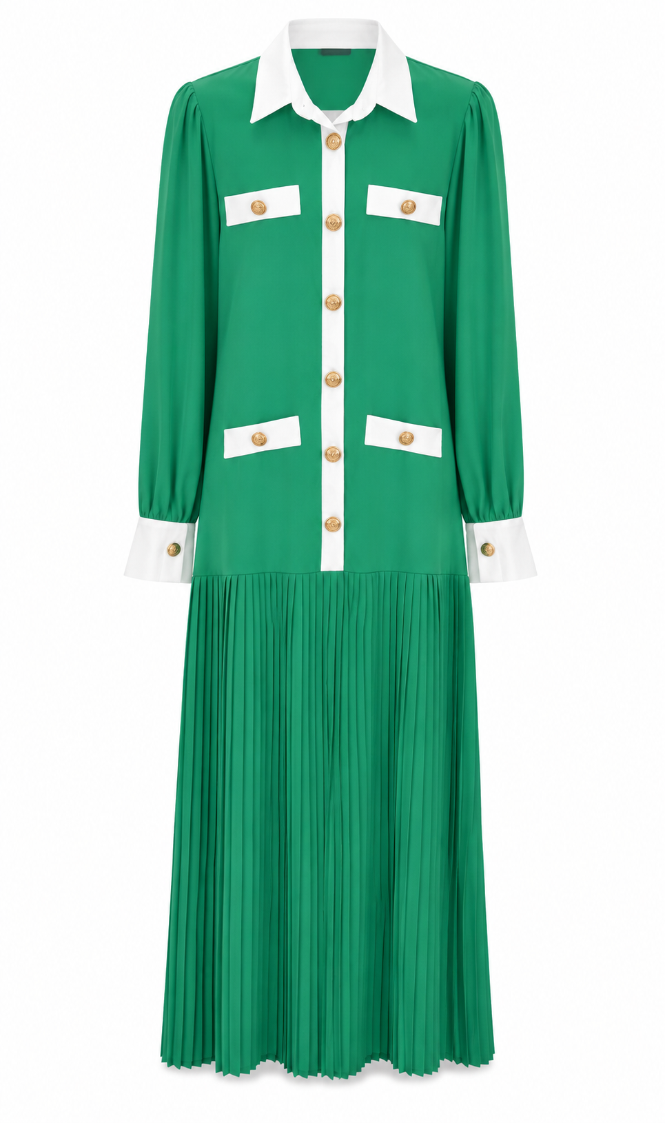 A green long-sleeve midi dress with a white pointed collar, white chest and cuff panels, and gold-tone buttons, shown on a plain white background.