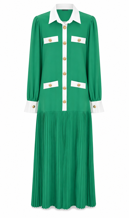A green long-sleeve midi dress with a white pointed collar, white chest and cuff panels, and gold-tone buttons, shown on a plain white background.